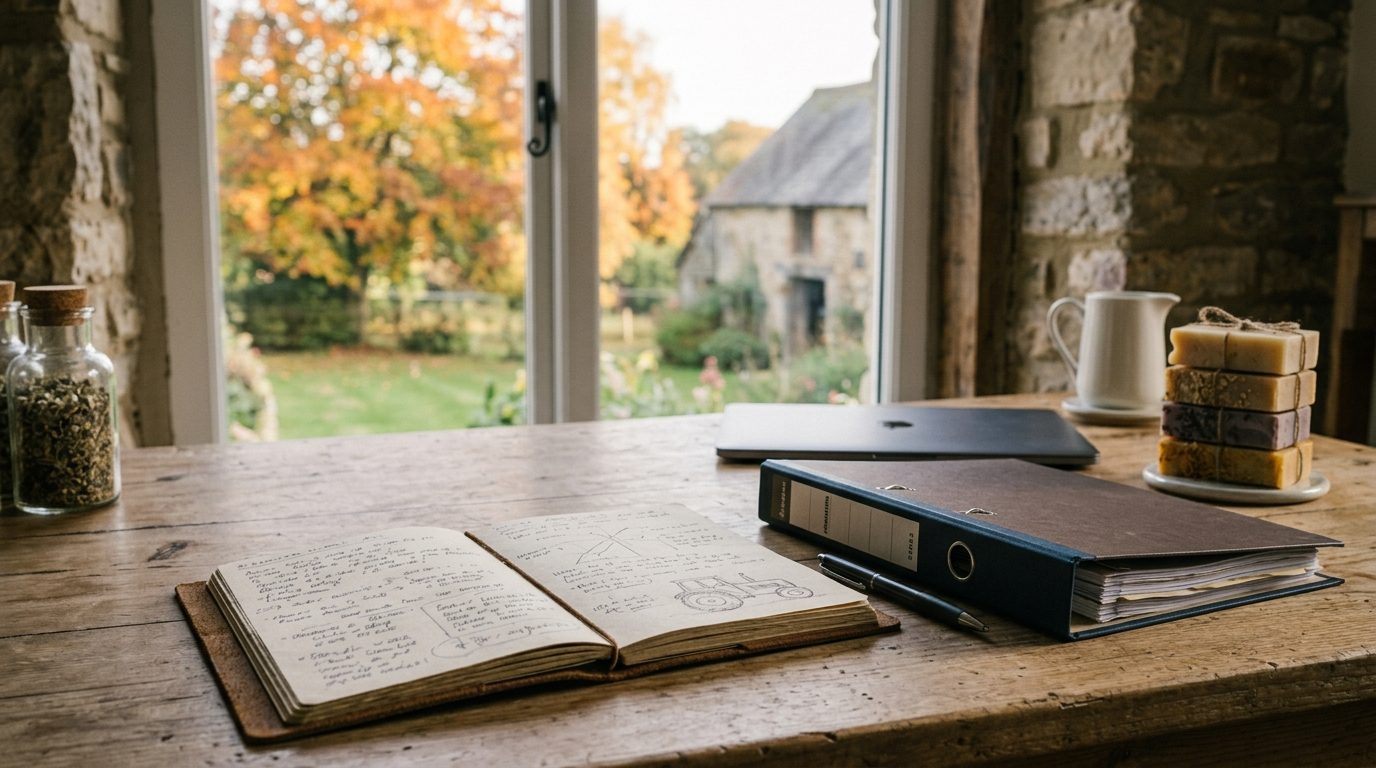 Bureau de ferme avec carnet ouvert, classeur et ordinateur portable fermé