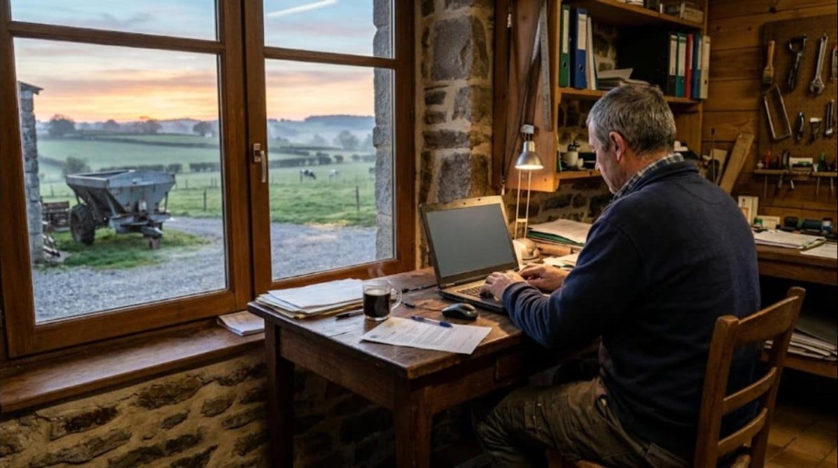 Éleveur déposant sa demande d'aide sur ordinateur portable dans son bureau de ferme, épandeur d'engrais par la fenêtre