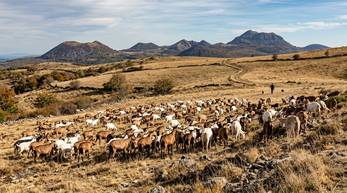 Troupeau de chèvres sur un parcours sec au pied de reliefs volcaniques, un berger au loin