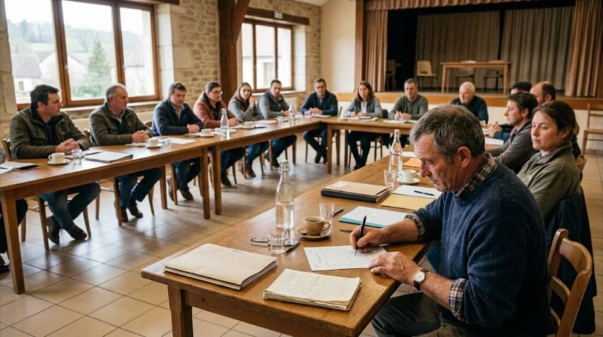 Éleveurs laitiers réunis en assemblée d’organisation de producteurs, l’un signe un document