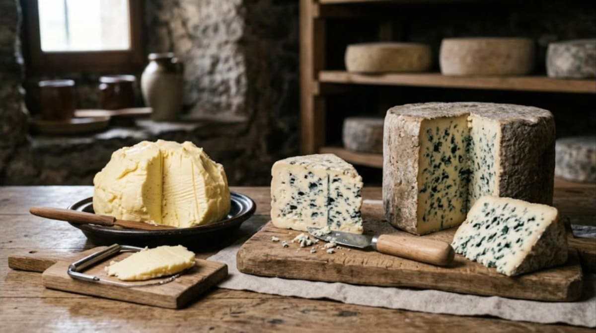 Motte de beurre baratté, fromage bleu et fourme persillée entamée sur une table de crémerie