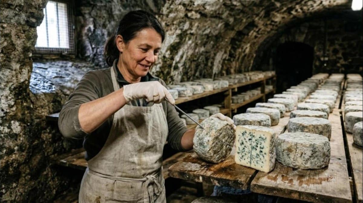 Fromagère piquant à l'aiguille des fromages bleus fermiers en cave d'affinage voûtée