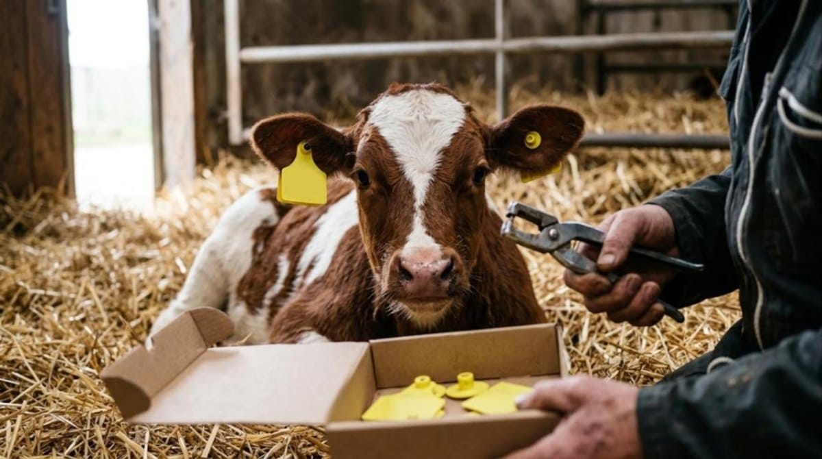 Veau dans la paille et boucles d'identification jaunes dans leur cartonnette