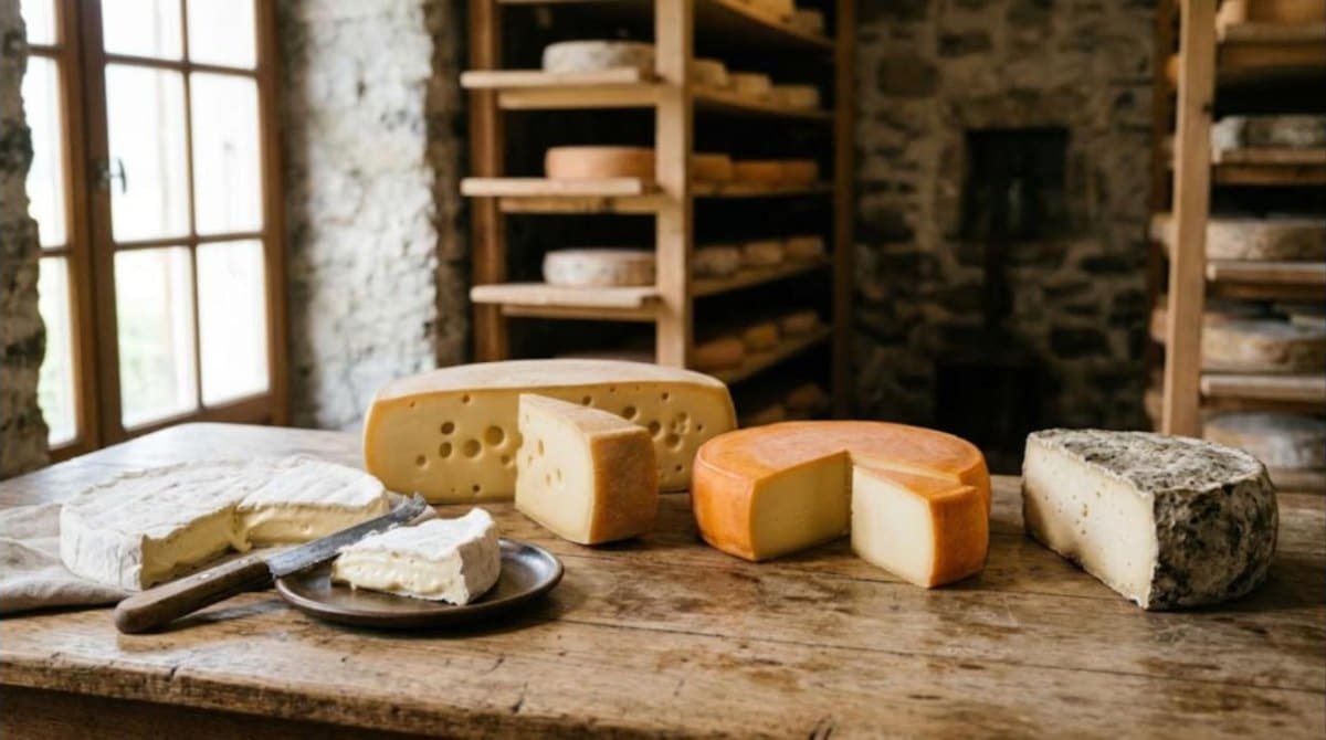 Brie, emmental, raclette et tomme à croûte grise sur une table de ferme devant une cave d'affinage