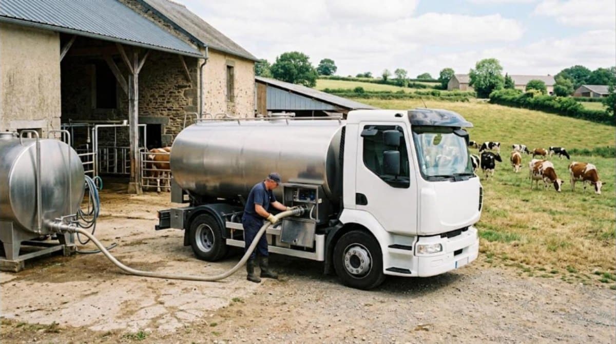Camion-citerne de collecte branché sur le tank à lait d'une ferme, vaches au pré
