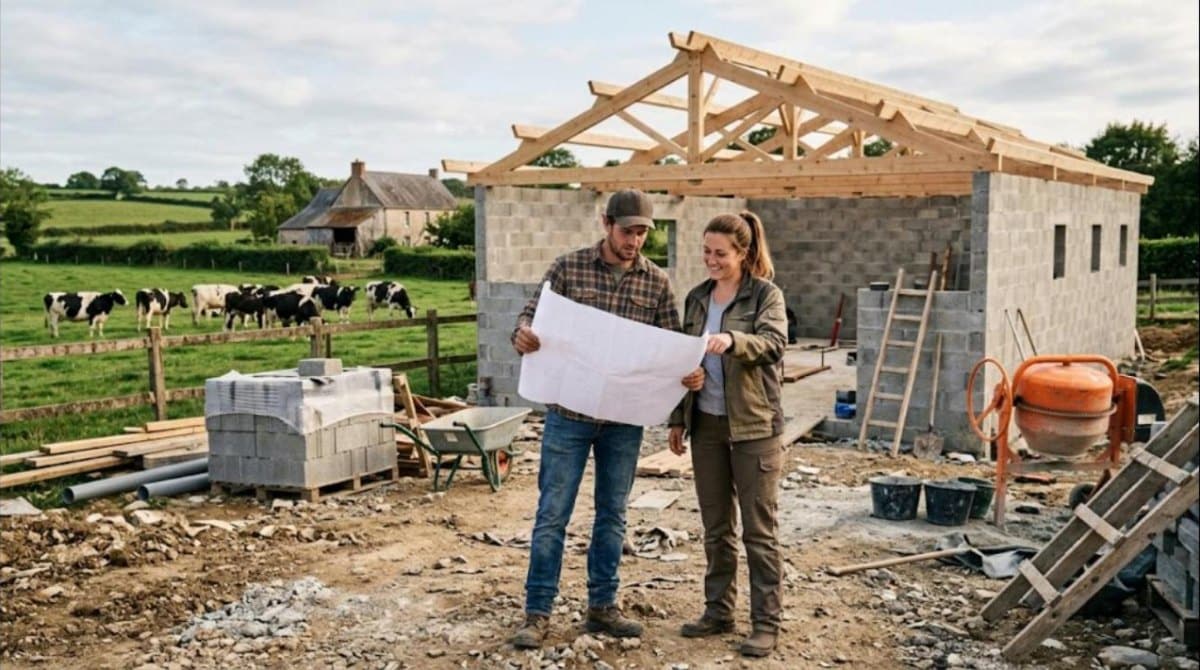Couple d’éleveurs consultant un plan devant le chantier de leur laiterie fermière, vaches au pré
