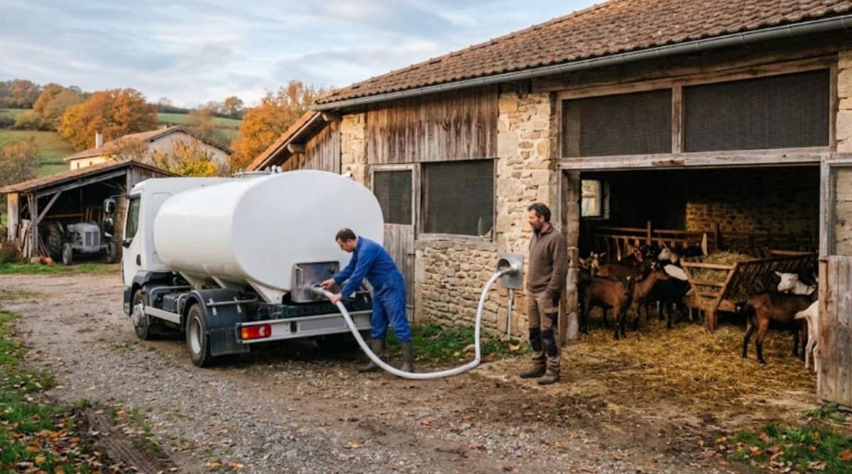 Chauffeur collecteur branchant le tuyau d’un camion-citerne blanc sur le tank d’une chèvrerie, éleveur et chèvres