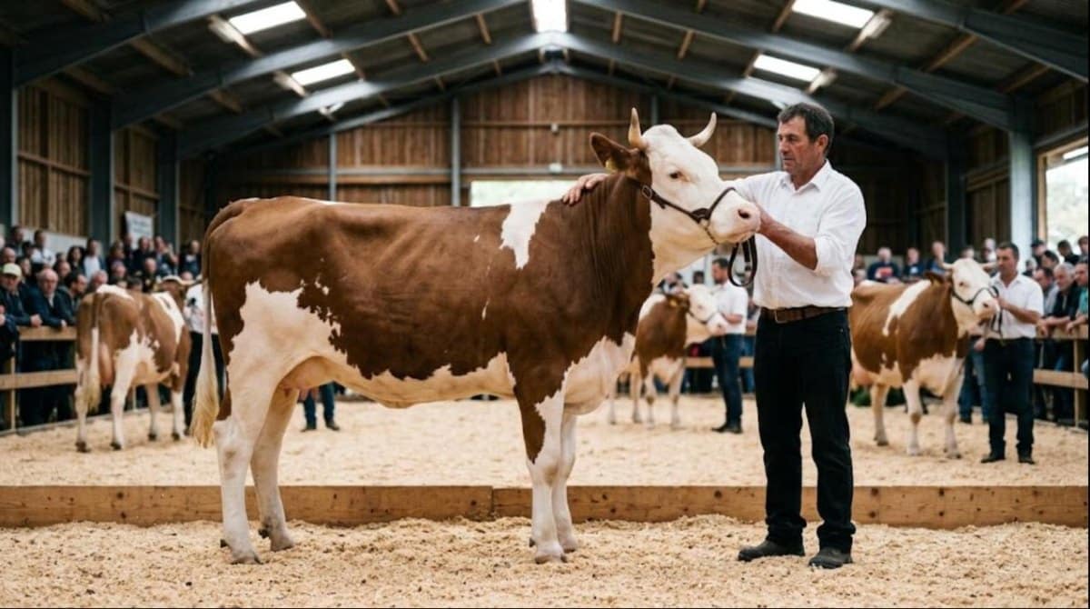 Vache montbéliarde présentée par son éleveur sur le ring d'un concours