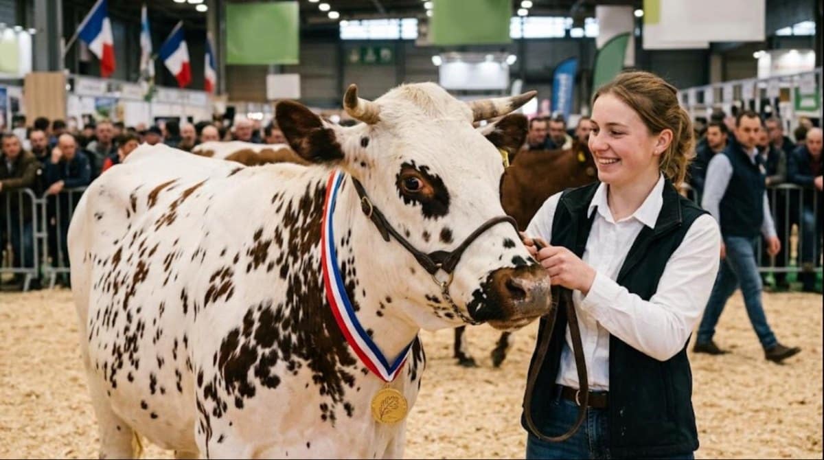 Vache normande médaillée tenue par une jeune éleveuse sur le ring