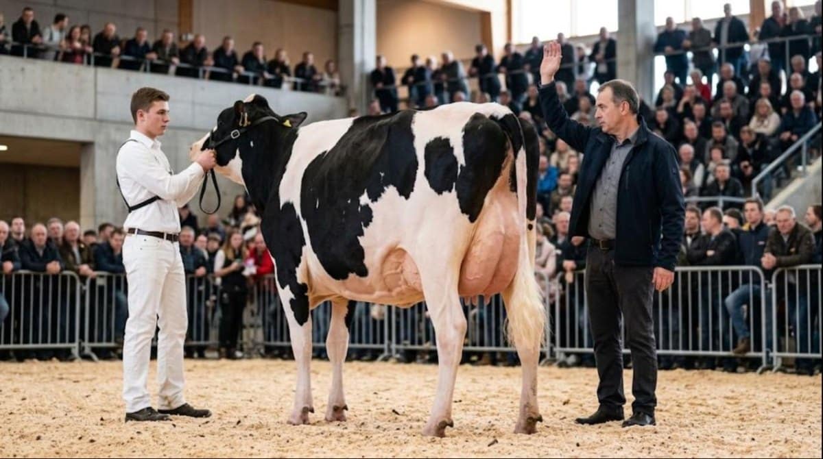 Vache prim'Holstein désignée par le juge sur le ring d'un concours