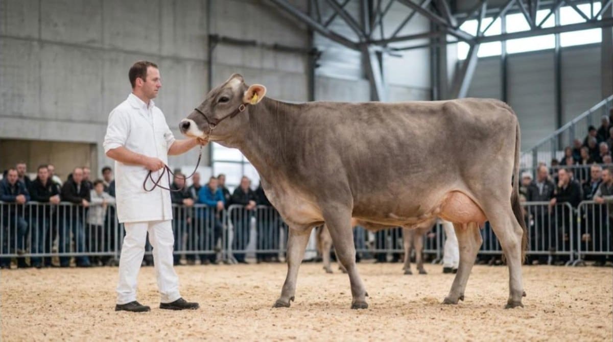 Vache laitière de race brune présentée sur le ring de concours par un éleveur en tenue blanche