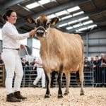 Vache de race jersiaise présentée au licol sur le ring de concours par une éleveuse