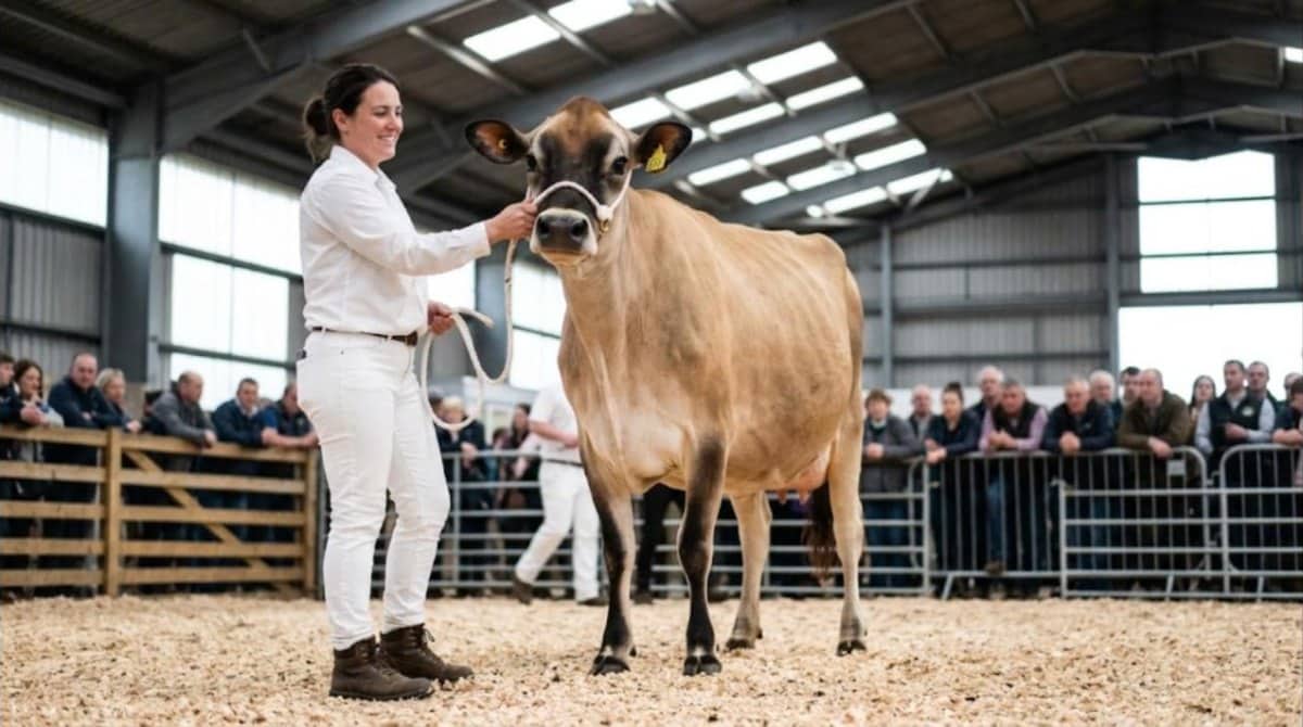 Vache de race jersiaise présentée au licol sur le ring de concours par une éleveuse