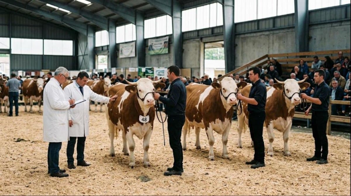 Vaches simmental alignées sur le ring devant le jury d'un concours d'élevage