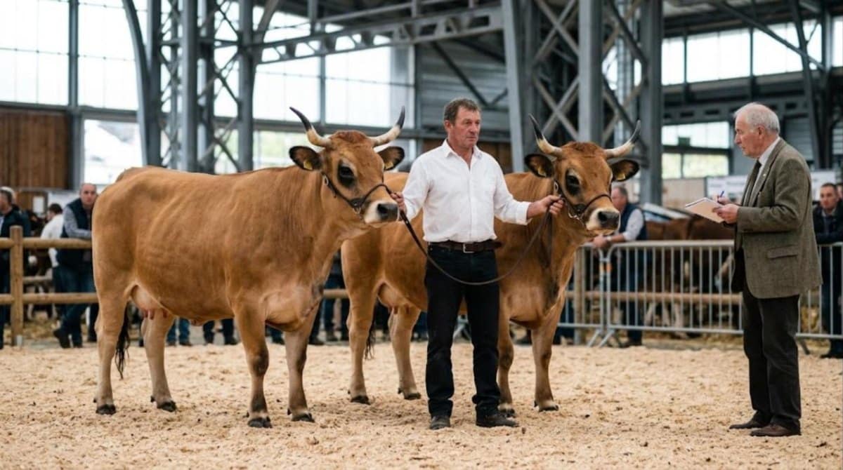 Deux vaches tarentaises présentées au juge sur le ring