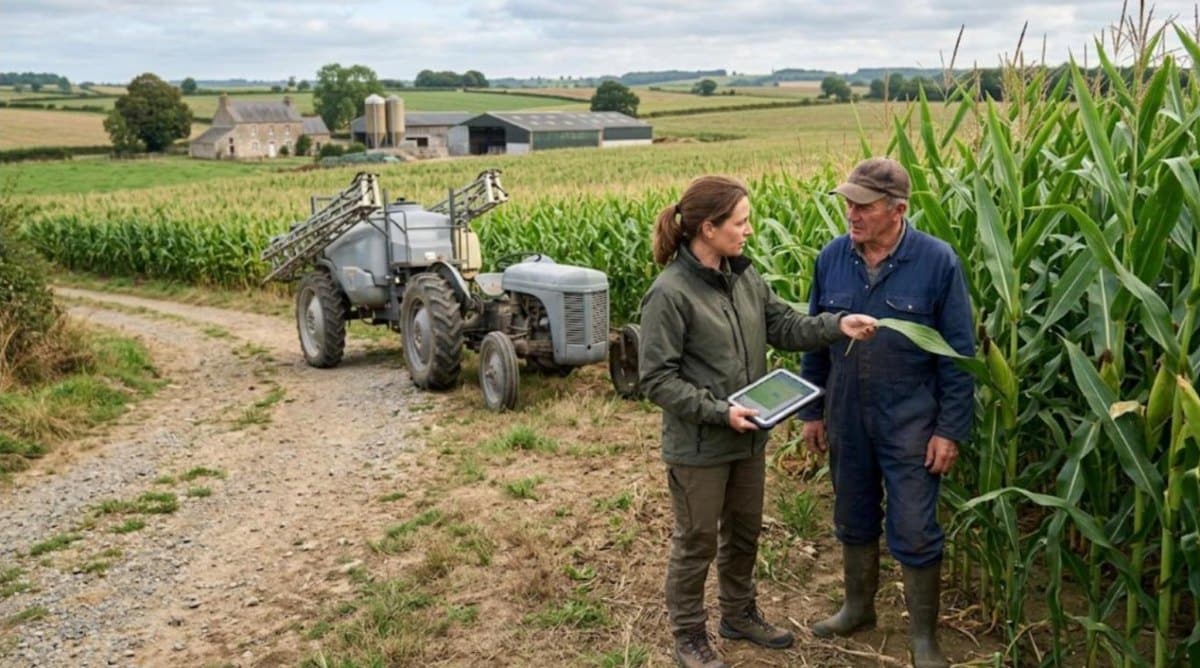 Conseillère agricole avec tablette et éleveur examinant des feuilles de maïs fourrager, pulvérisateur et ferme au loin