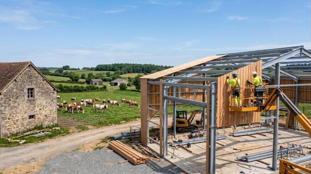 Construction d'une nouvelle stabulation laitière à charpente métallique et bardage bois