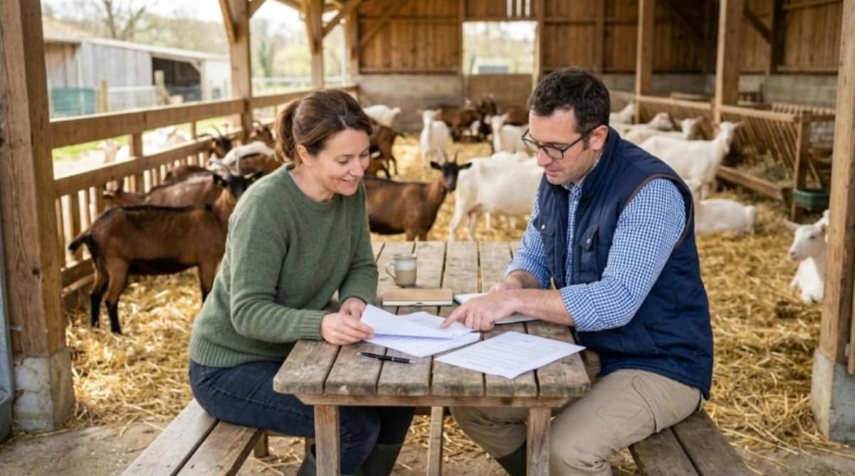 Éleveuse de chèvres et technicien de laiterie relisant un contrat à une table dans la chèvrerie