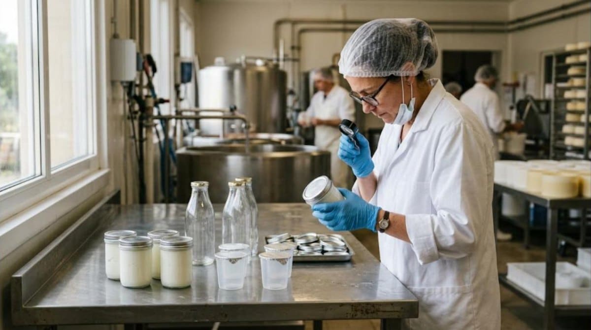 Responsable qualité inspectant à la loupe des bocaux, pots et bouteilles dans un atelier laitier