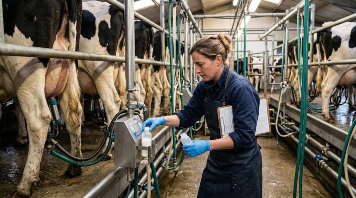 Technicienne de contrôle laitier prélevant un échantillon de lait en salle de traite