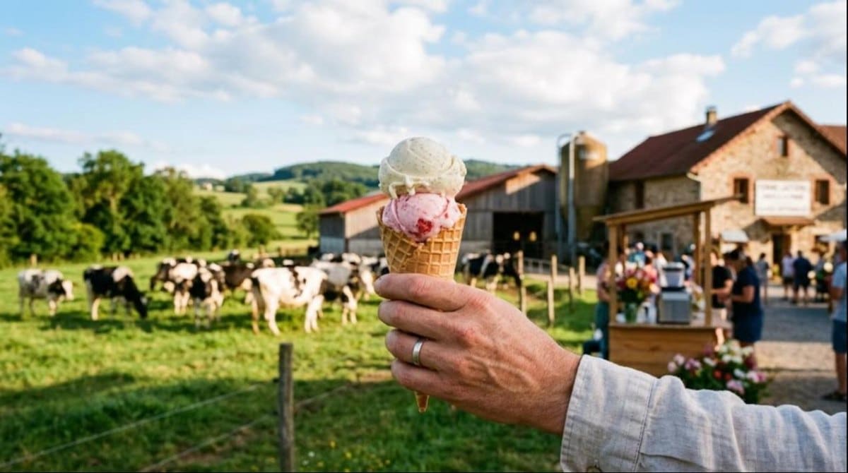 Cornet de glace fermière tenu devant une ferme laitière en été