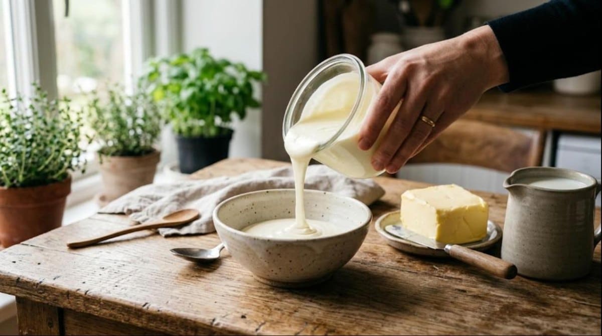 Crème fraîche fluide versée dans un bol, avec beurre et pichet de lait