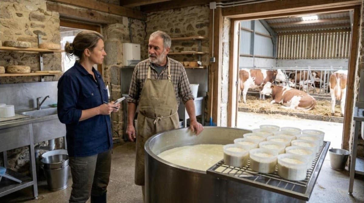 Vétérinaire et éleveur discutant dans une fromagerie fermière devant une cuve de lait cru, vaches en stabulation par la porte