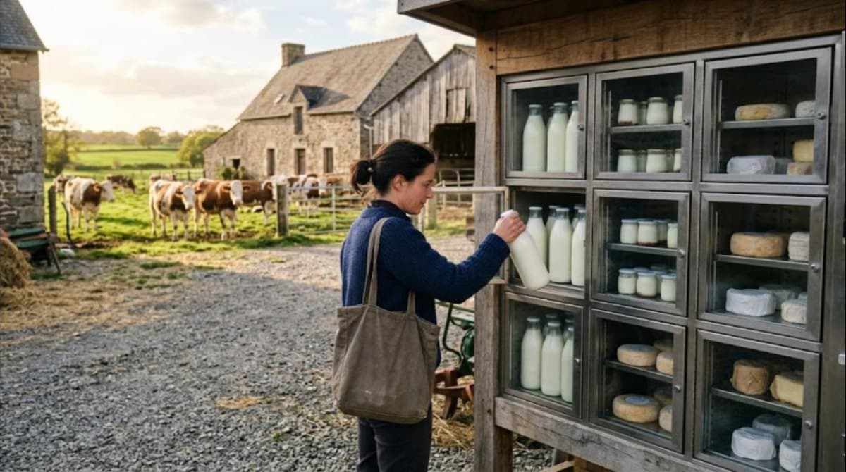 Cliente prenant une bouteille de lait dans un distributeur automatique de produits laitiers à la ferme