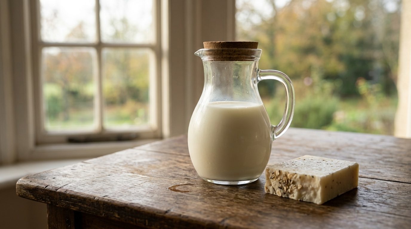 Carafe de lait et savon au lait sur une table en bois près d'une fenêtre