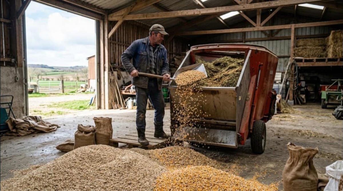 Éleveur chargeant des céréales dans une mélangeuse pour fabriquer l’aliment à la ferme