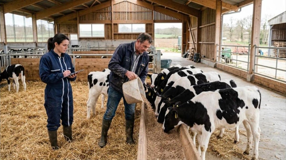 Éleveur versant de l'aliment granulé à des veaux pie noire sous l'œil d'une vétérinaire