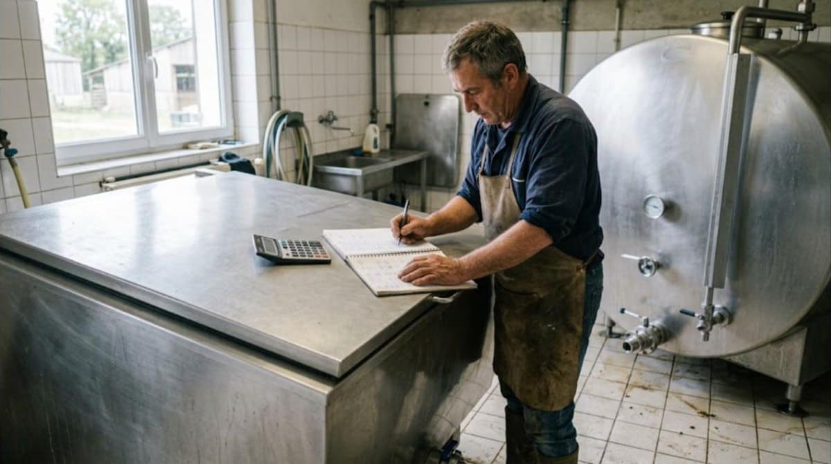 Éleveur laitier faisant ses comptes avec carnet et calculatrice sur un tank à lait en inox