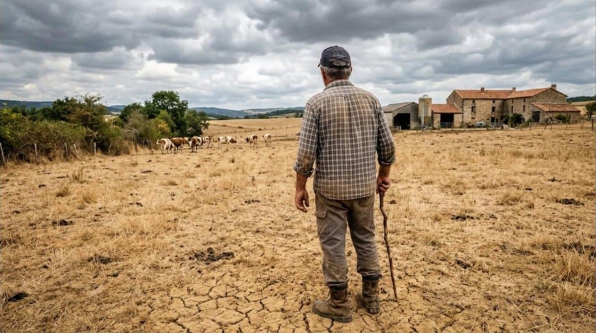 Éleveur de dos dans une prairie desséchée et craquelée, vaches au loin et ferme en pierre