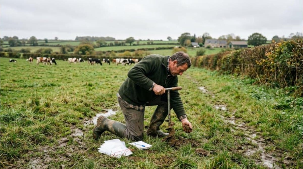 Éleveur prélevant de la terre à la tarière dans une prairie bretonne pour une analyse de reliquats