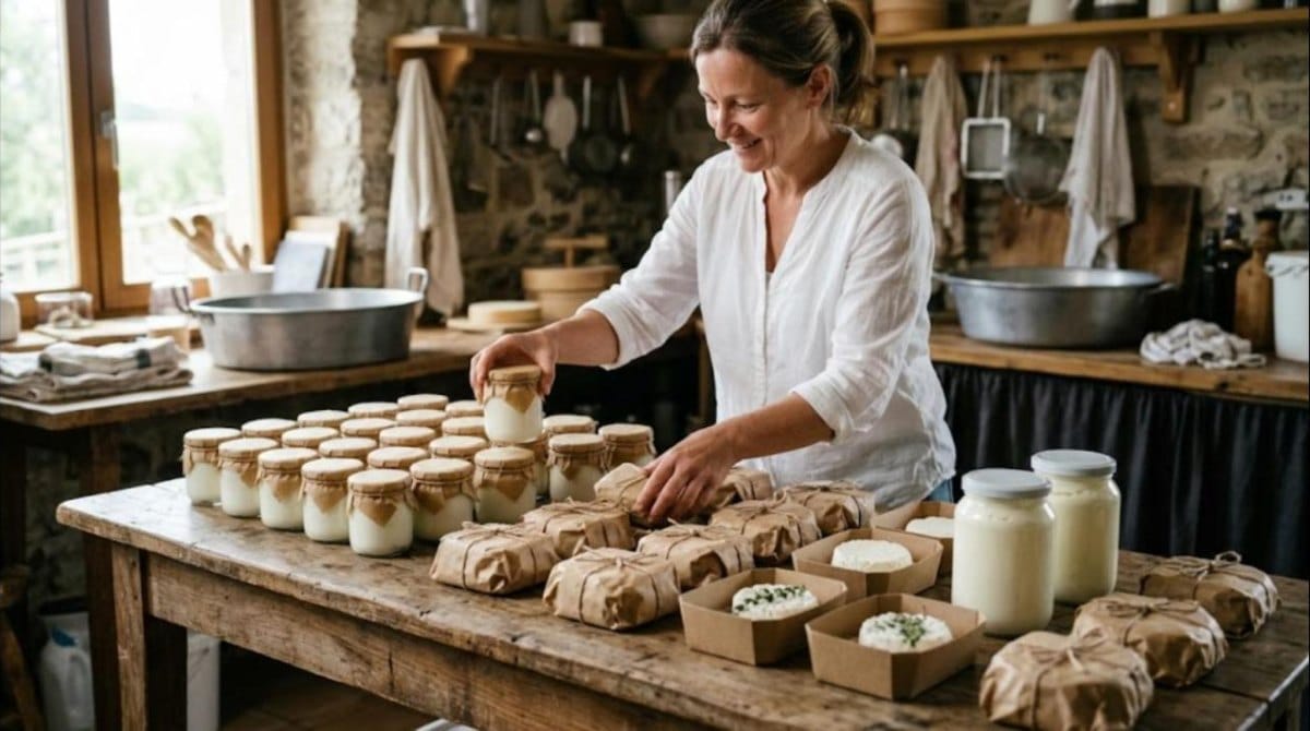 Productrice disposant des pots de yaourt en verre, des fromages emballés dans du papier kraft et des barquettes en carton