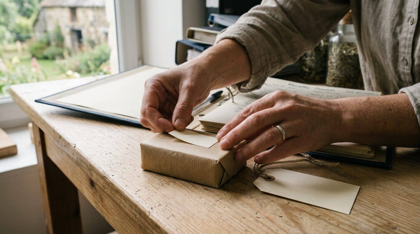 Mains qui emballent un savon dans du papier kraft avant d'y fixer une étiquette