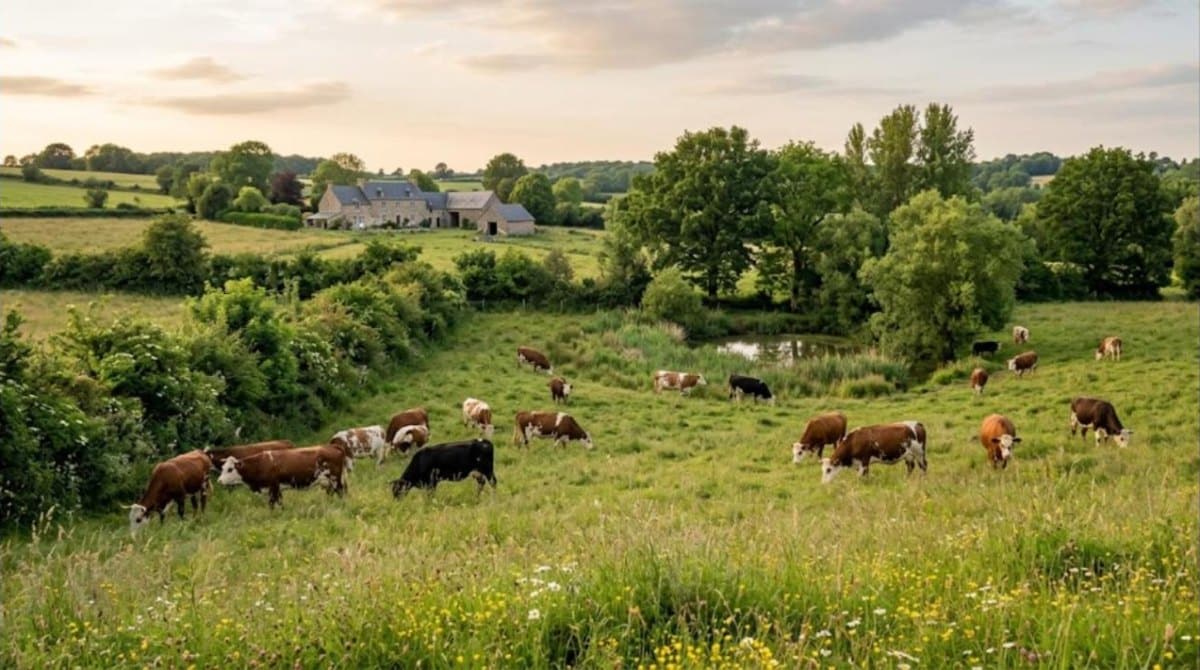 Vaches normandes au pâturage dans une prairie fleurie bordée de haies, mare et ferme en pierre