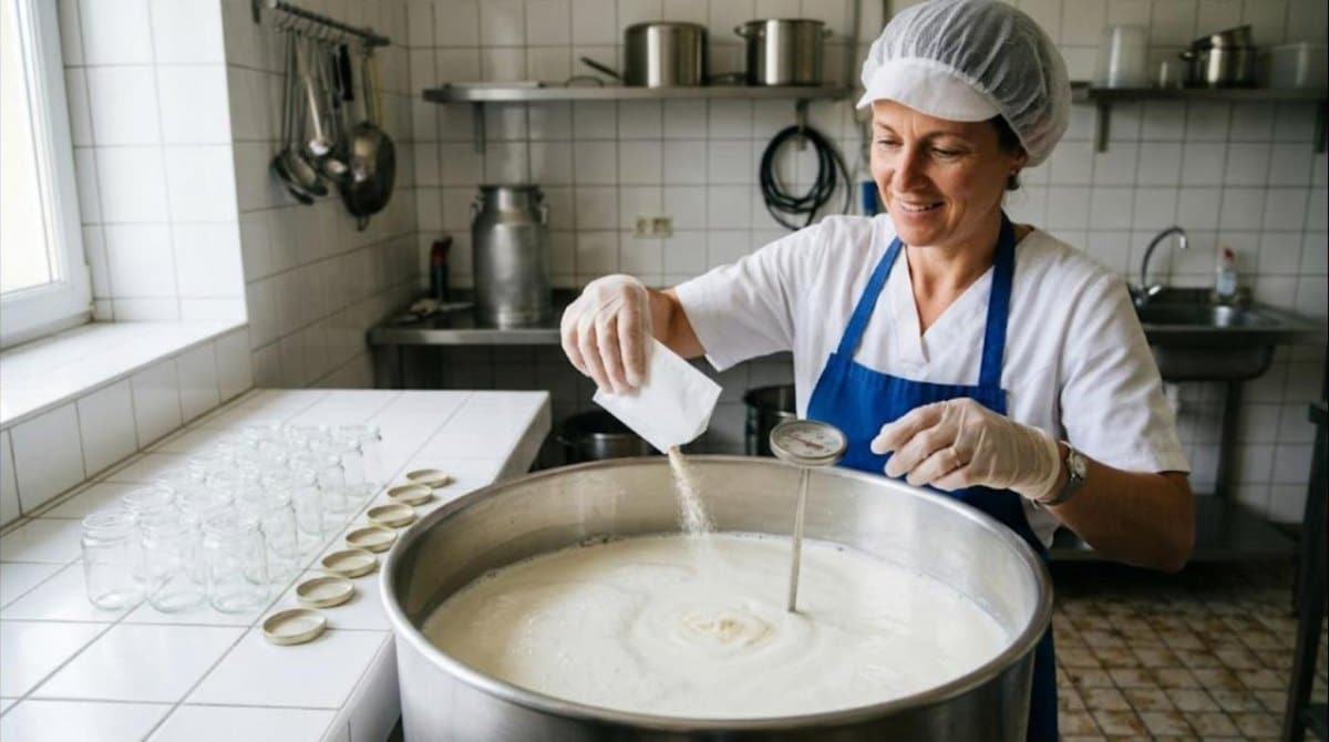 Productrice versant un ferment lactique en poudre dans une cuve de lait tiède, pots de yaourt vides sur la paillasse