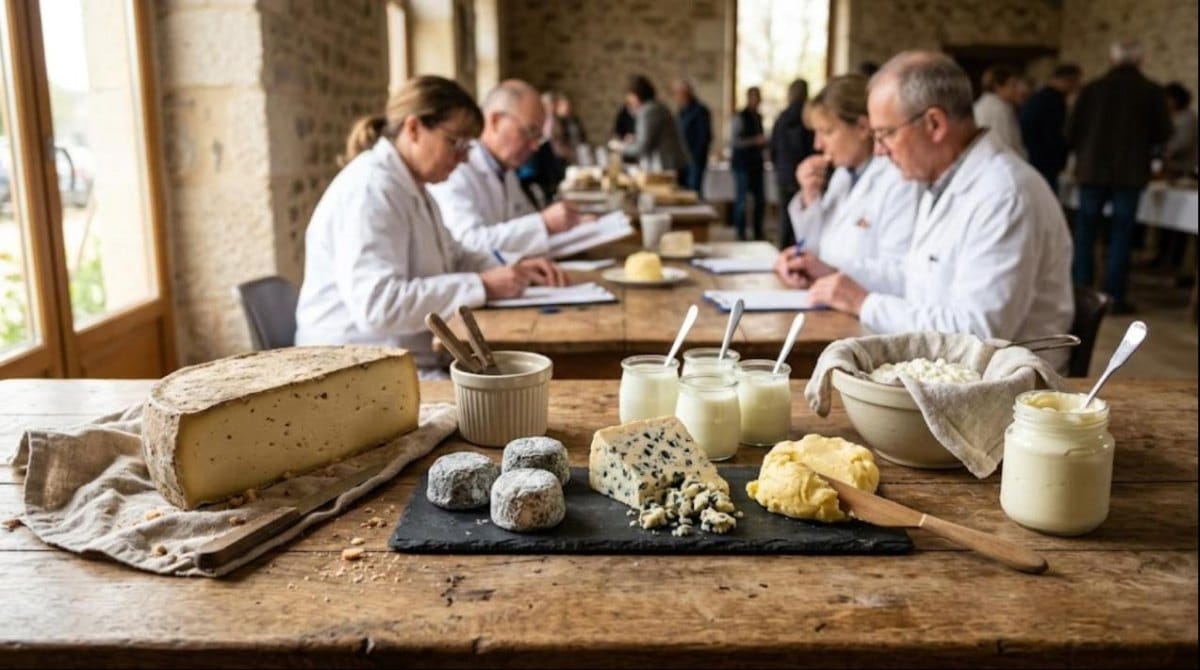 Jury dégustant des fromages, yaourts et beurre fermiers lors d'un concours