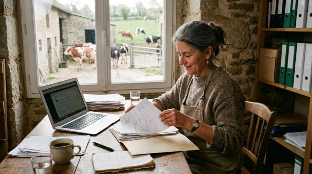 Fromagère fermière triant ses factures papier devant un ordinateur portable, vaches dans la cour
