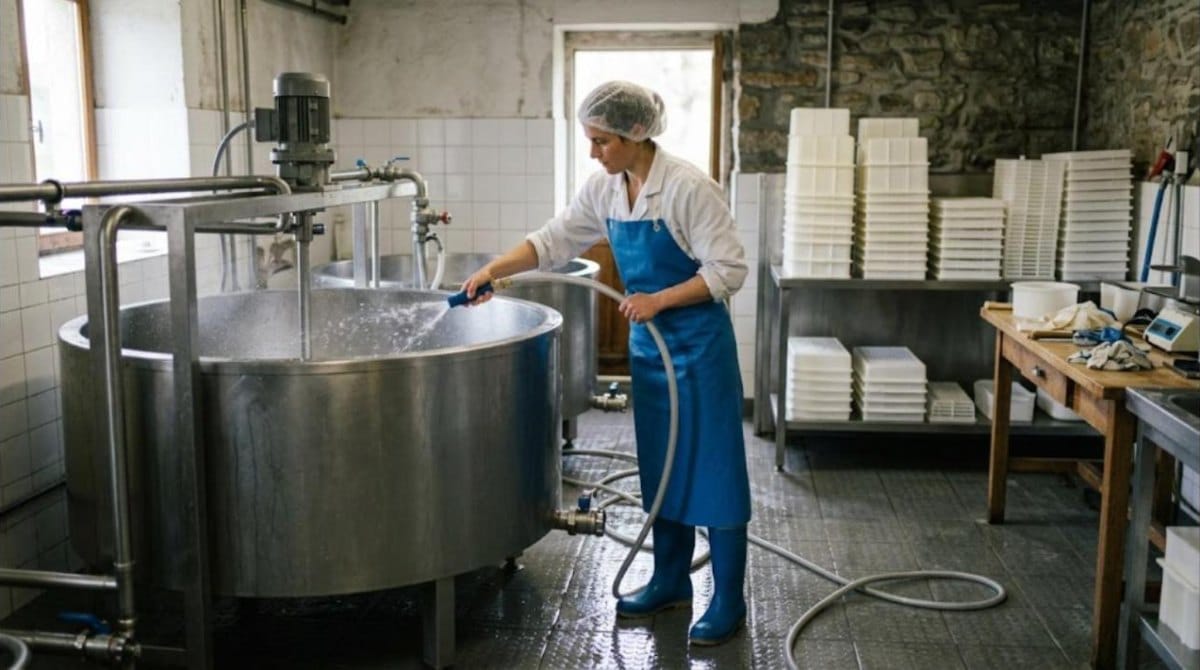 Fromagère en tenue blanche rinçant une cuve en inox au jet dans un atelier laitier fermier