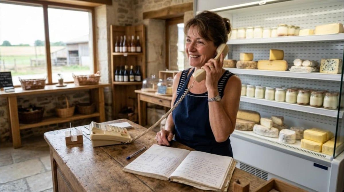 Fromagère au téléphone derrière le comptoir de sa boutique de ferme, cahier de clients ouvert