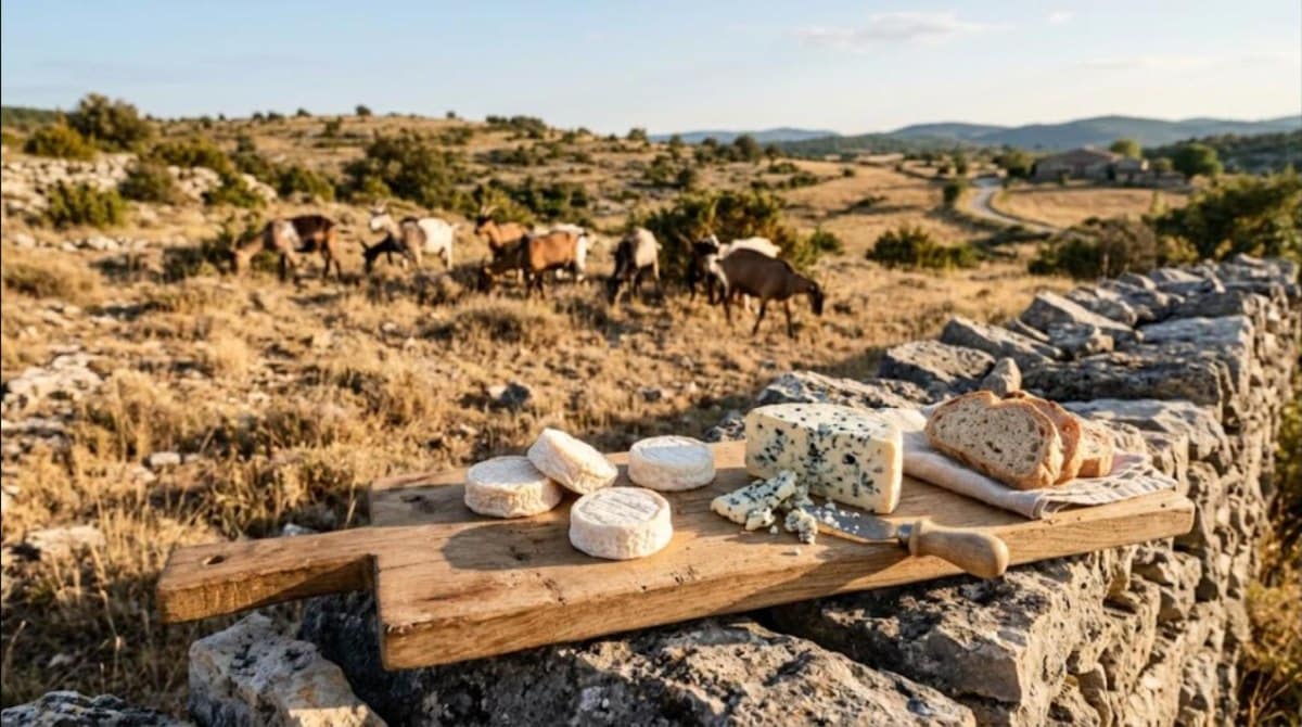 Petits fromages de chèvre et bleu sur une planche, causse jauni par la sécheresse et chèvres au loin