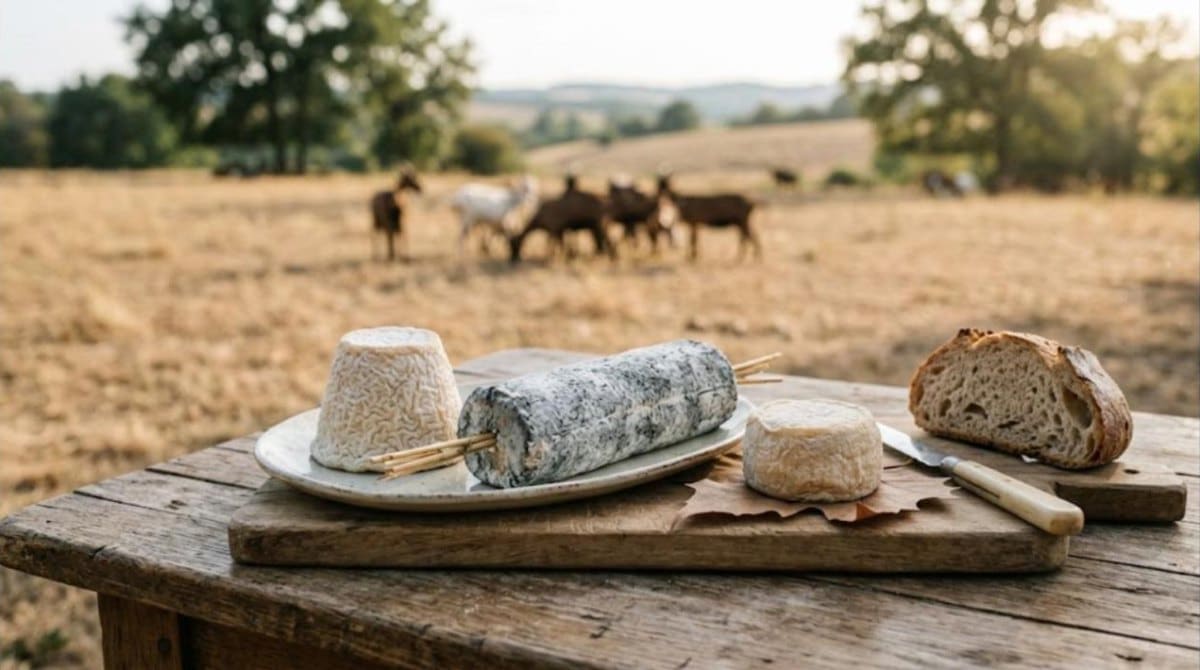 Sainte-Maure cendré, Chabichou et petit chèvre sur feuille sur une planche, chèvres dans une prairie jaunie par la sécheresse