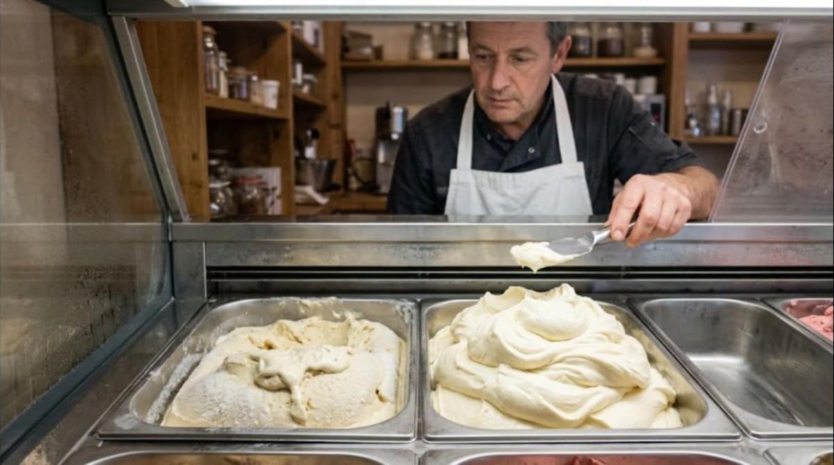 Glacier observant dans sa vitrine un bac de glace à la vanille retombée et givrée à côté d'un bac de glace bien gonflée