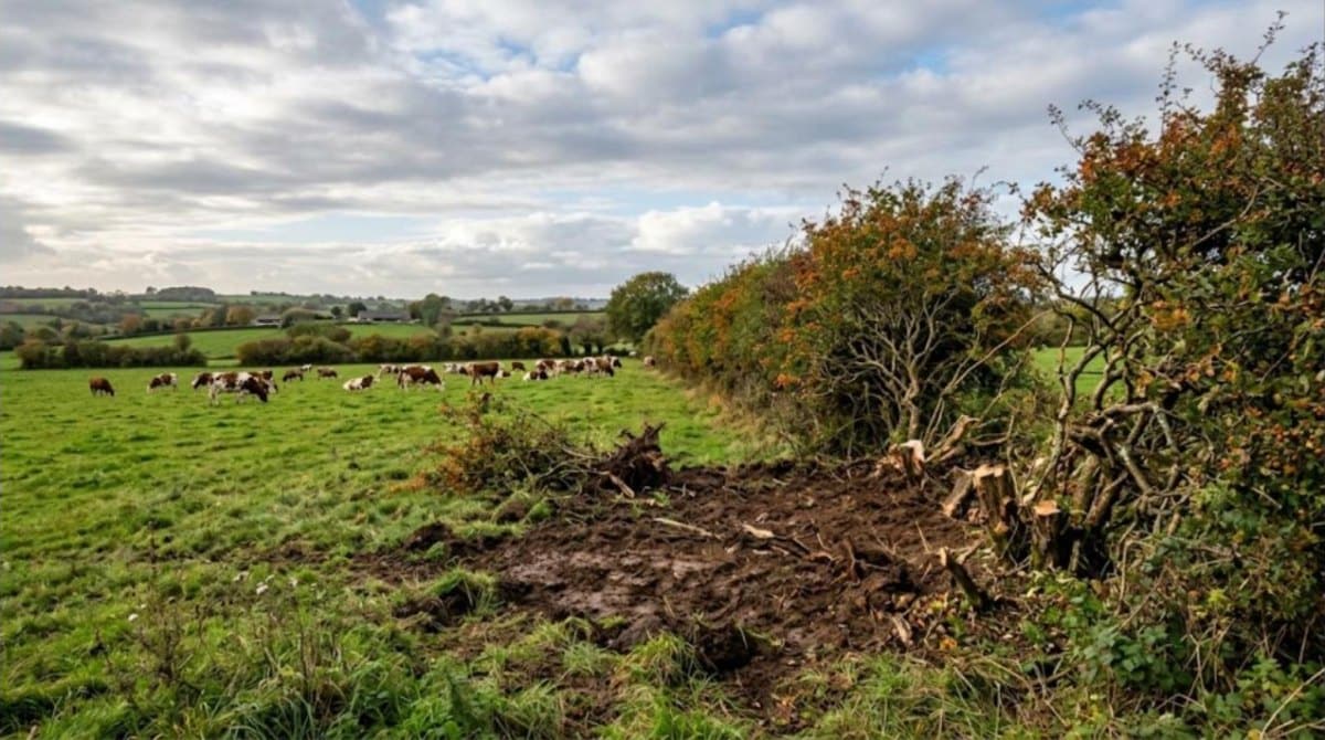 Tronçon de haie bocagère arraché en bordure de prairie, vaches au pâturage au loin