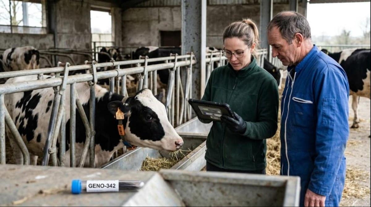 Éleveur et technicienne consultant des données génétiques devant des prim'Holstein
