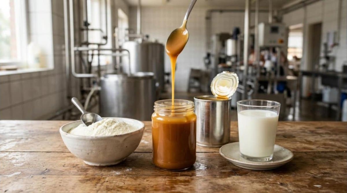 Bol de lait en poudre, pot de lait concentré sucré, boîte ouverte et verre de lait sur une table de laiterie