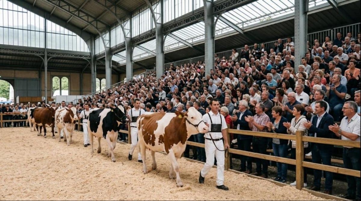Vaches laitières menées sur le ring devant des tribunes pleines
