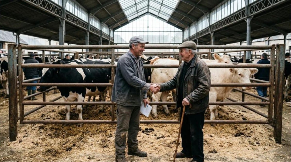 Éleveur et acheteur se serrant la main devant un enclos de vaches dans un marché aux bestiaux couvert
